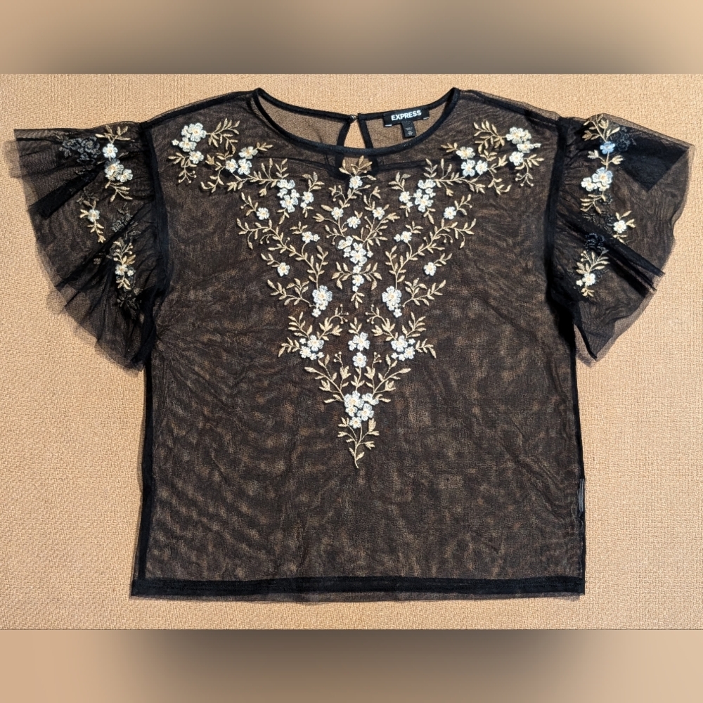 Express Sheer Black Mesh Shirt with Floral Embroidery